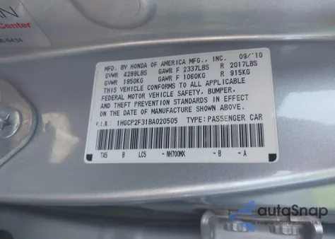 2011 Honda Accord 2.4 Lx z USA, uszkodzony, nr VIN 1HGCP2F31BA020505